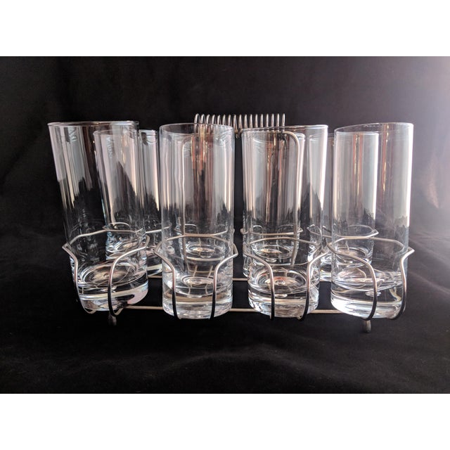Extraordinary Retro Chrome Glass Caddy Complete with 8 Glasses! The glasses have a marking on the bottom that look like 2...