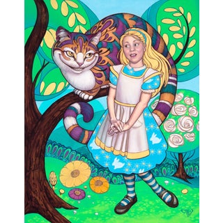 We're all Mad Here by Rhonda Libbey | Oil and 24 Karat gold leaf Girl with a Cheshire cat in a colorful landscape For Sale