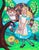 We're all Mad Here by Rhonda Libbey | Oil and 24 Karat gold leaf Girl with a Cheshire cat in a colorful landscape For Sale