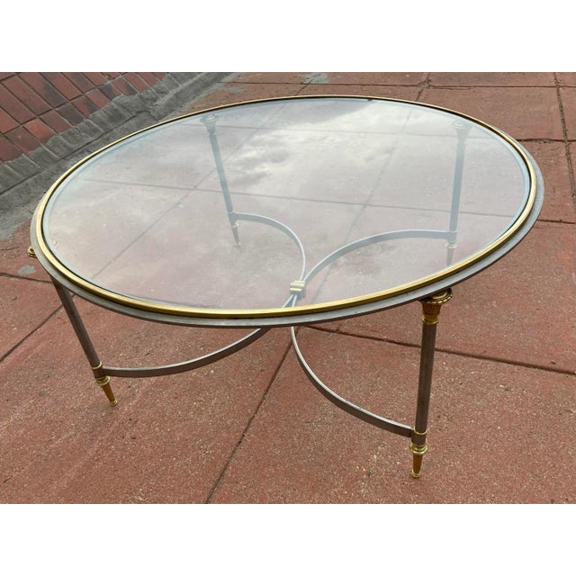 Manner of Maison Charles French Directoire Coffee Table Having Brass Mounts & Glass Inset Top For Sale - Image 9 of 13