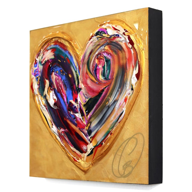 Abstract Divine Spark of Love XXXXXX - Colorful Impasto Textured Heart Painting on Wood by Cynthia Coulombe-Bégin For Sale - Image 3 of 9
