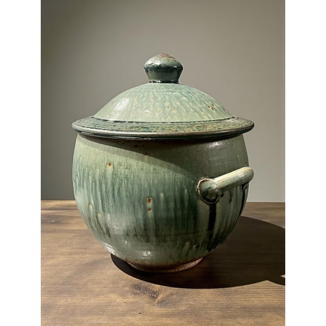 Contemporary Brad Tucker Cedar Creek Pottery-Nc-Lidded Jar-Celadon Green Drip Glaze-Stoneware For Sale - Image 3 of 11