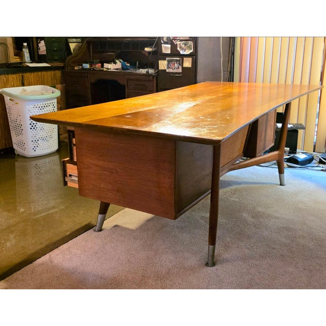 Mid 20th Century Mid 20th Century Alma Skulptura Mid Century Walnut Executive Desk, 78” Danish Modern, Cane Panel For Sale - Image 5 of 11
