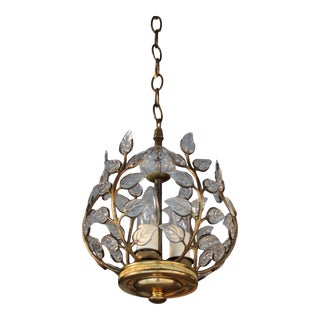 German Manufactured C1920 Art Deco Maison Bagues Style Cut Crystal Petals W/ Bronze Vines Chandelier/ Ceiling Fixture For Sale
