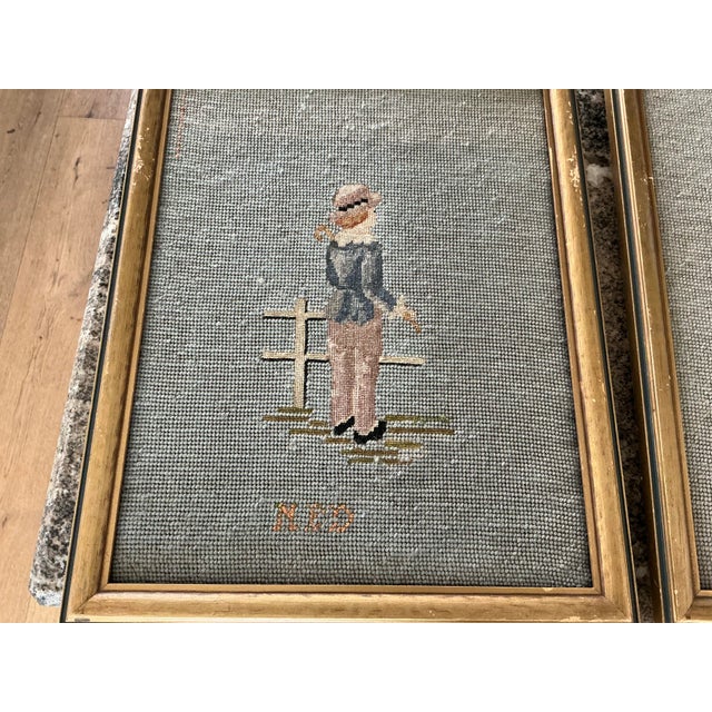 Wood Pair Antique Framed Needlepoints "Ned" and "Jane" For Sale - Image 7 of 10