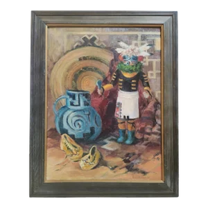 1970s Original Kachina Signed Colterone Oil Painting Southwest Native American Style