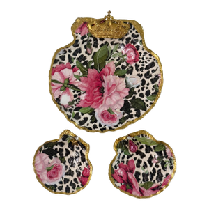 Royal Garden Set - Hand - Painted Roses on Leopard With Golden Crown, Set of 3