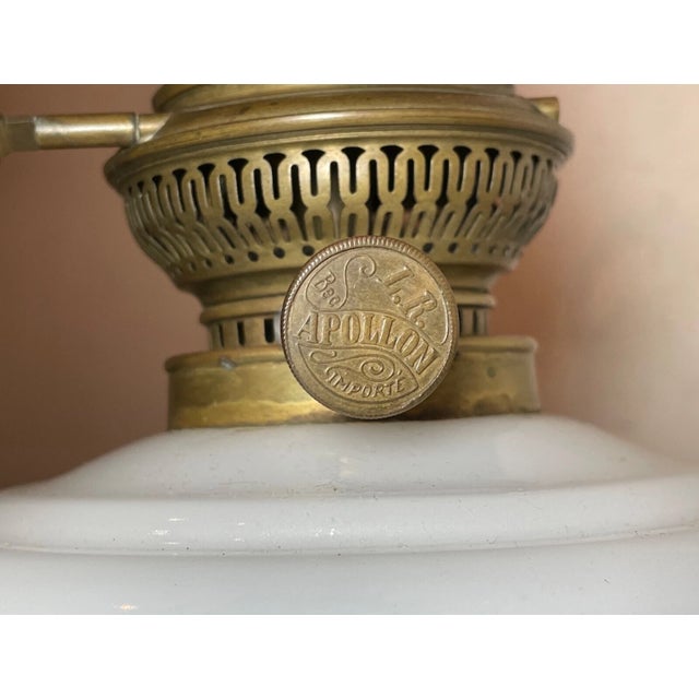 Antique 1800's Ornate Victorian Apollon Brass Milk Glass Electrified Oil Lamp For Sale In New York - Image 6 of 13