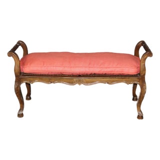 Carved Walnut French Cane and Upholstered Louis XV Style Window Bench For Sale