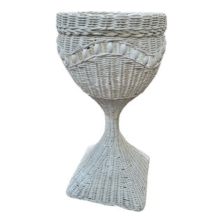 Mid Century Modern White Painted Wicker Pedestal Planter For Sale