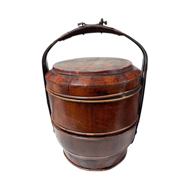 Antique Chinese Wedding Basket 3 Tier Lacquered Wood Dowry Basket 20” For Sale - Image 4 of 7