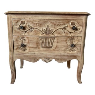 1970s Vintage French Country-Style Carved Wood Two-Drawer Nightstand For Sale