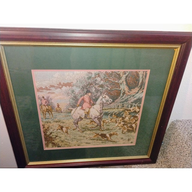 Grand Scale Vintage English Fox Hunt Still Life Tapestry in Custom Dark Wood Frame For Sale - Image 4 of 6