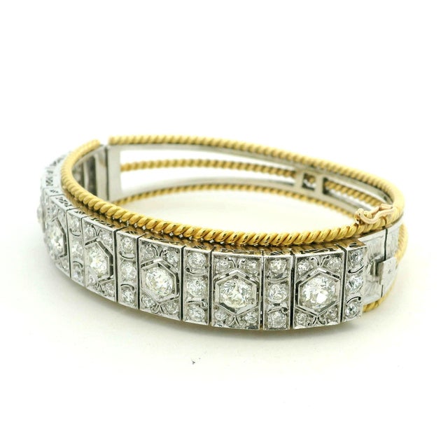Platinum French Art Deco Platinum, 18k Gold & 6.11 Carat Diamond Bracelet, Circa 1930 For Sale - Image 8 of 11