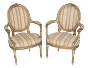 Pair of 19th C. French Louis XVI Paint Decorated & Gilt Carved Armchairs