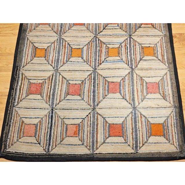 Vintage American Hand Hooked Rug, Wool on Cotton, Allover Geometric Pattern, 28” X 55” For Sale In Chicago - Image 6 of 10