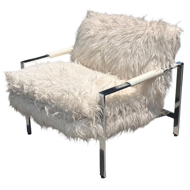 Thayer Coggin Milo Baughman for Thayer Coggin Chrome and Flokati Faux Fur Lounge Chair For Sale - Image 4 of 5