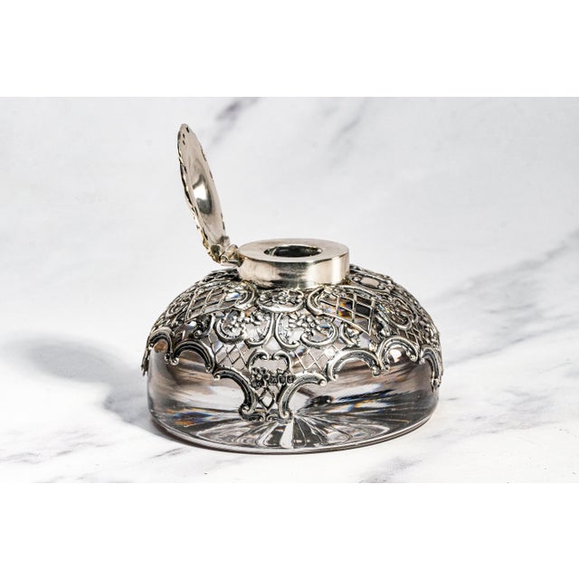 Metal Elegant Large Edwardian English Sterling Silver Crystal Paperweight Desk Inkwell For Sale - Image 7 of 13