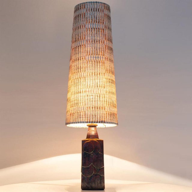 Brown Ceramic Floor Table Lamp with Custom Made Lampshade with Pattern, 1970 For Sale - Image 6 of 9