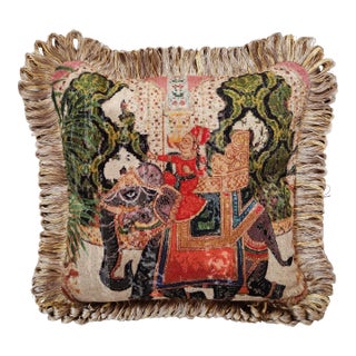 Indian Chinoiserie Velvet Pillow With Fringe - the Sultan Ride in Tan With Red Backing For Sale