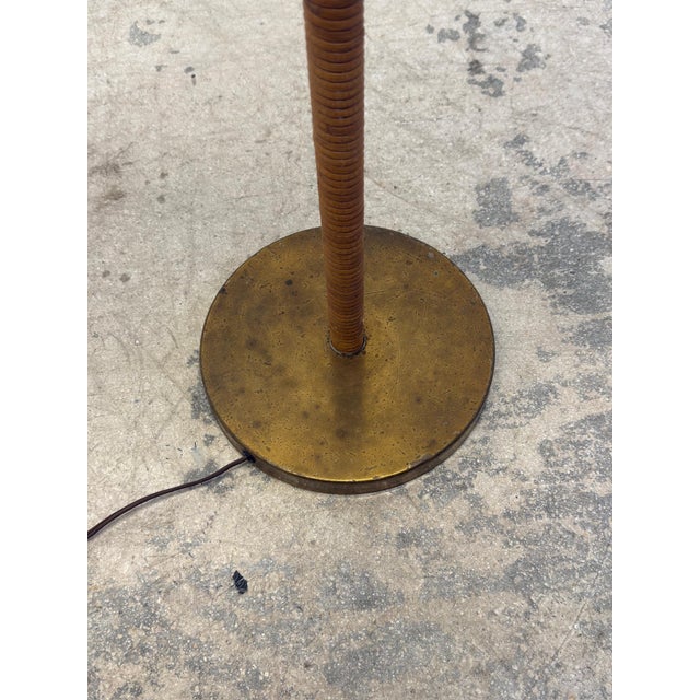 Mid-Century Brass and Rattan Wrapped Floor Lamp With Wicker Shade, 1960s For Sale - Image 12 of 12