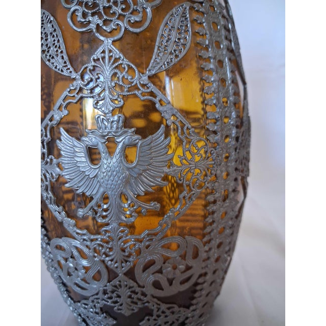 Pair of Antique Bohemian Amber Glass Vases With Elaborate Silver-Plated Filigree & Imperial Double-Headed Eagle Mounts (C. 1900) For Sale - Image 4 of 12