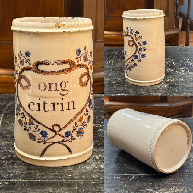 Early 19th-century earthenware pharmacy jar decorated with branches and adorned with snakes - inscription "ong citrin" -...
