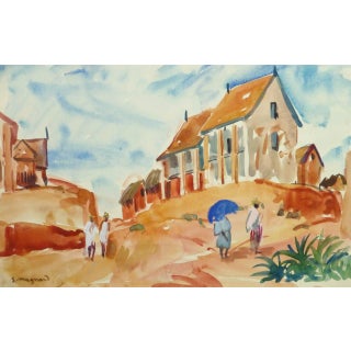 Stephane Magnard, French Watercolor Landscape - Hilltop Village For Sale