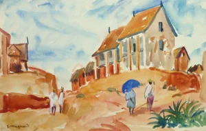 Stephane Magnard, French Watercolor Landscape - Hilltop Village