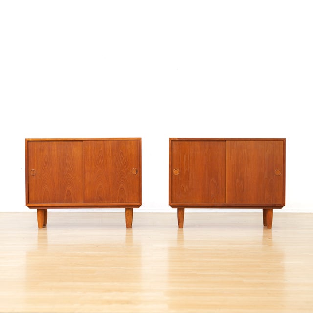 1960s 1960s Pair of Danish Modern Slim Teak Sideboard Cabinets Attributed Kai Kristiansen For Sale - Image 5 of 14