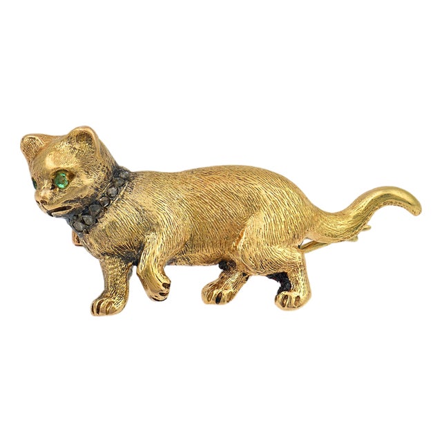 Vintage Diamond Peridot 18k Yellow Gold Cat Brooch For Sale