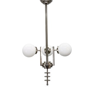 Czechoslovak Art Deco Nickel Chandelier with Opaline Glass Globes, 1930s For Sale