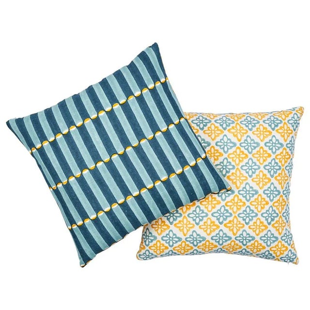 Contemporary Schumacher X Molly Mahon Pattee & Luna 20" Pillow in Tumeric & Blue For Sale - Image 3 of 6