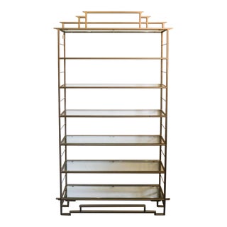 Modernist Chinoiserie Gilt Metal Etagere Bookcase Shelf With Glass Shelves For Sale