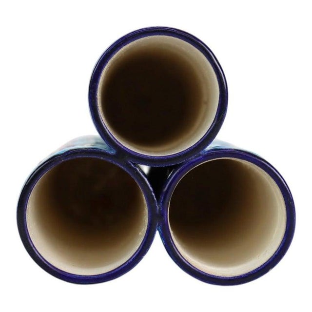 Ceramic French Longwy Pottery Floral Decorated Triple Bud Vase, Signed, C1900 For Sale - Image 7 of 10