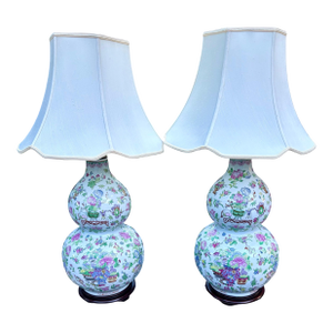 Mid Century Chinese Famille Rose Double Gourd Porcelain Lamps, a Pair