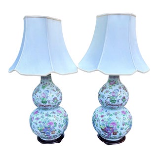 Pair of Vintage Chinese Famille Rose Double Gourd Porcelain Table Lamps For Sale