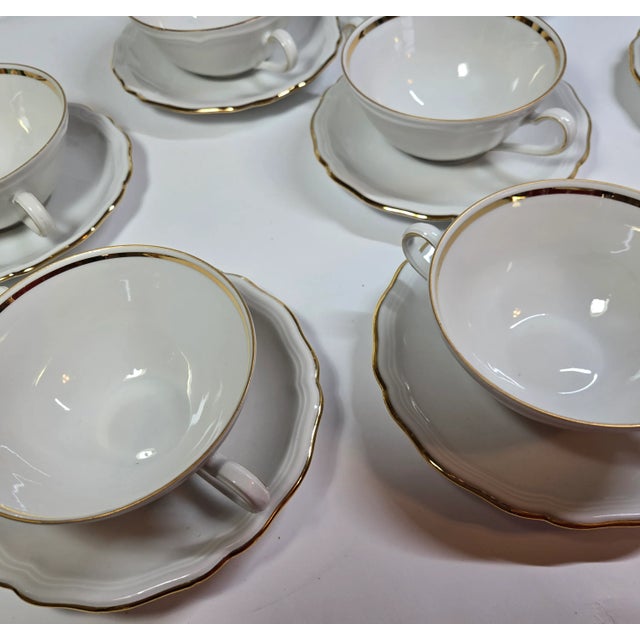 Gold Rimmed Cream Soup Cup and Saucer Set- Set of Sixteen For Sale - Image 6 of 12