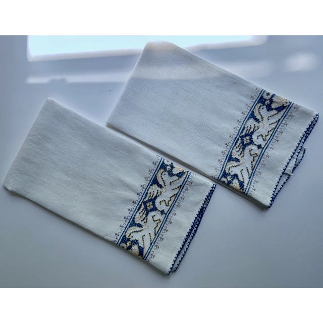 Mediterranean Vintage Pair Embroidered Blue & White Linen "Griffin" Hand Towels For Sale - Image 3 of 12
