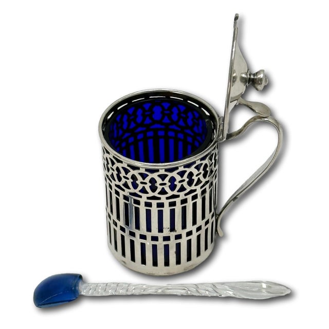 Metal Unusual Small Size Early 1900s Antique American Sterling Silver & Cobalt Blue Glass Mustard Pot & Spoon For Sale - Image 7 of 12