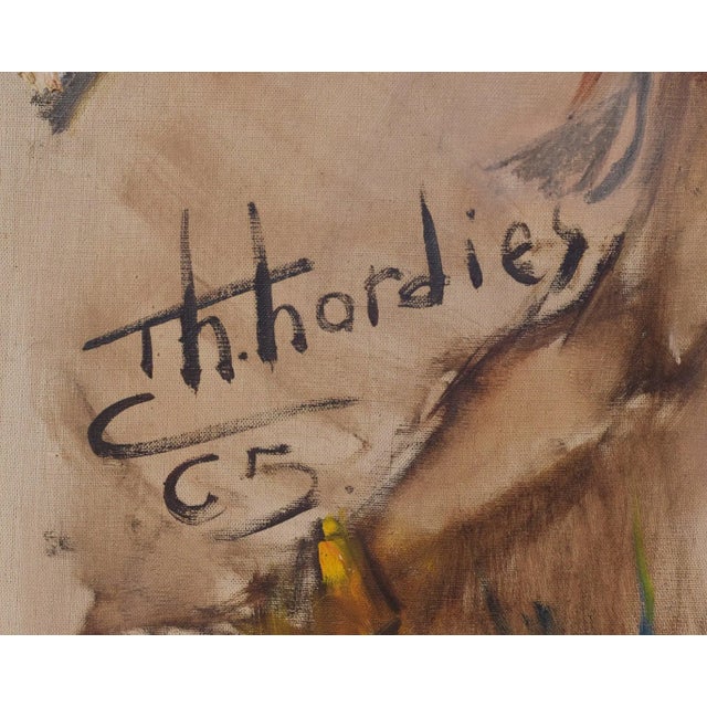 Brown African Dancing Warrior with Cockerel, Mid-20th Century, Oil on Canvas For Sale - Image 8 of 12