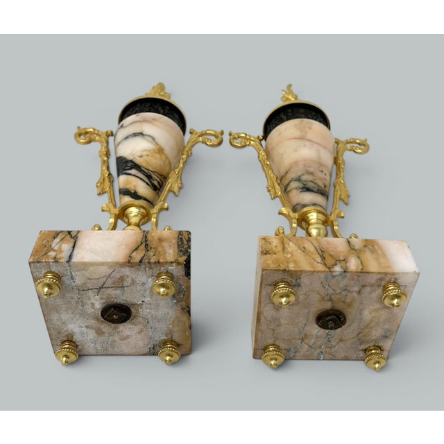Stone Pair French Regency Styl Giallo Sienna Marble Gilt Bronze Cassolettes Urns Vases For Sale - Image 7 of 10