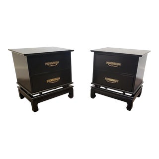 Pair of Vintage Asian Modern Nightstands Black and Brass For Sale