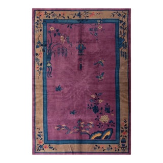 1920s Purple Floral Antique Chinese Art Deco Rug 6'2" X 8'9" Handknotted Wool Carpet For Sale