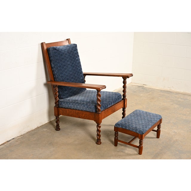 Stickley Brothers Stickley Brothers Antique Arts & Crafts Carved Oak Barley Twist Lounge Chair With Ottoman, Circa 1920s For Sale - Image 4 of 17