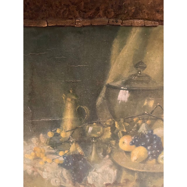 19th Century French Still Life Oil Painting on Ornate Carved Wood, Signed. For Sale - Image 11 of 12