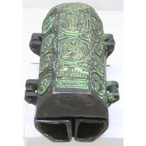 1990s Vintage Mid-Century Tibetan Folding Buddhist Triptych Shrine Altar Cast Bronze-Verdigris For Sale - Image 5 of 10