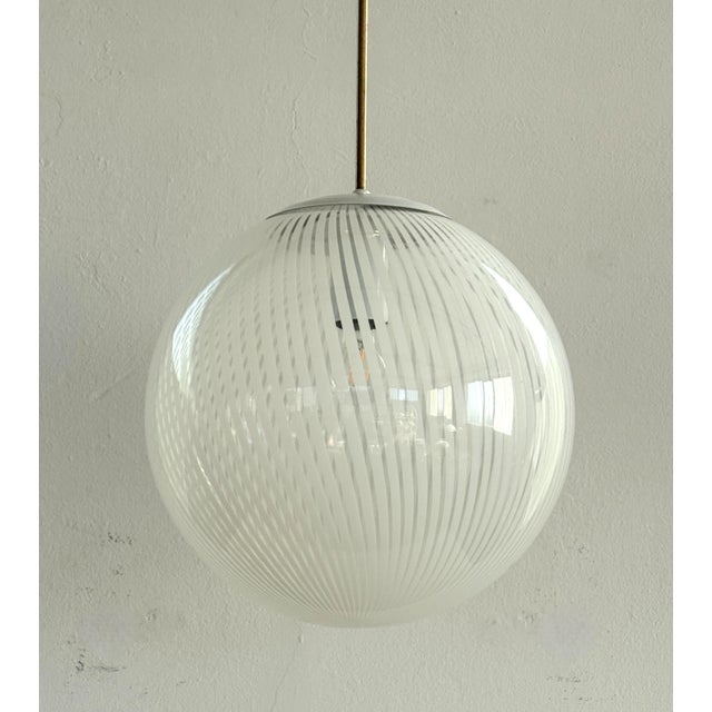 Metal Vintage Brass Pendant with Murano Tessuto Glass Sphere from Venini, 1970s For Sale - Image 7 of 16
