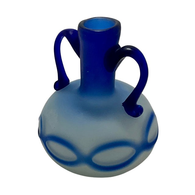 1970s Phoenician-Style Blue Satin Glass Amphora Vase For Sale - Image 5 of 10