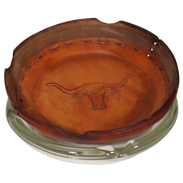 2 Vintage Leather and Glass Longhorn Ashtrays by Bamco For Sale - Image 4 of 11